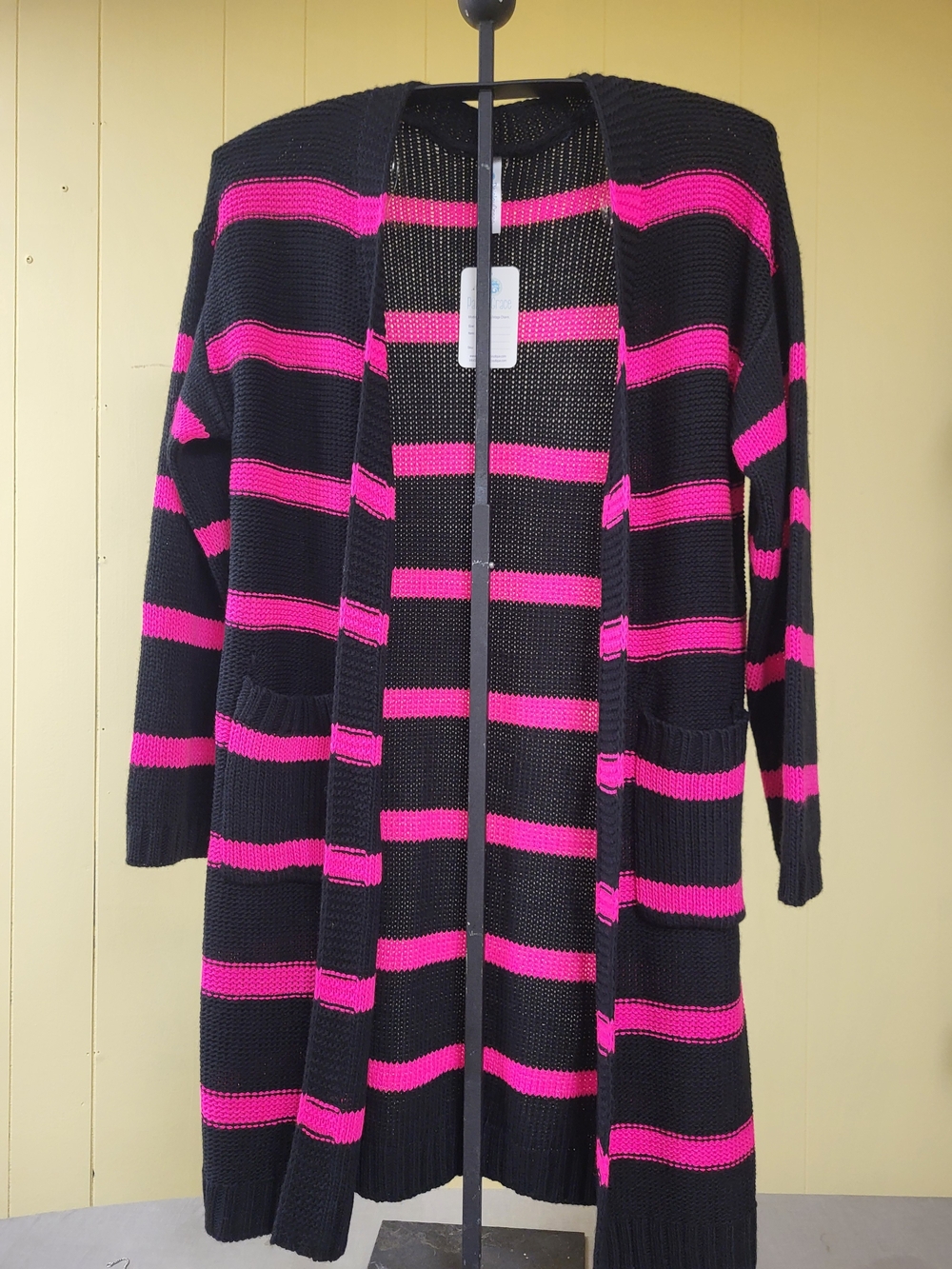 Open-Front Black Cardigan with Hot Pink Stripes, M